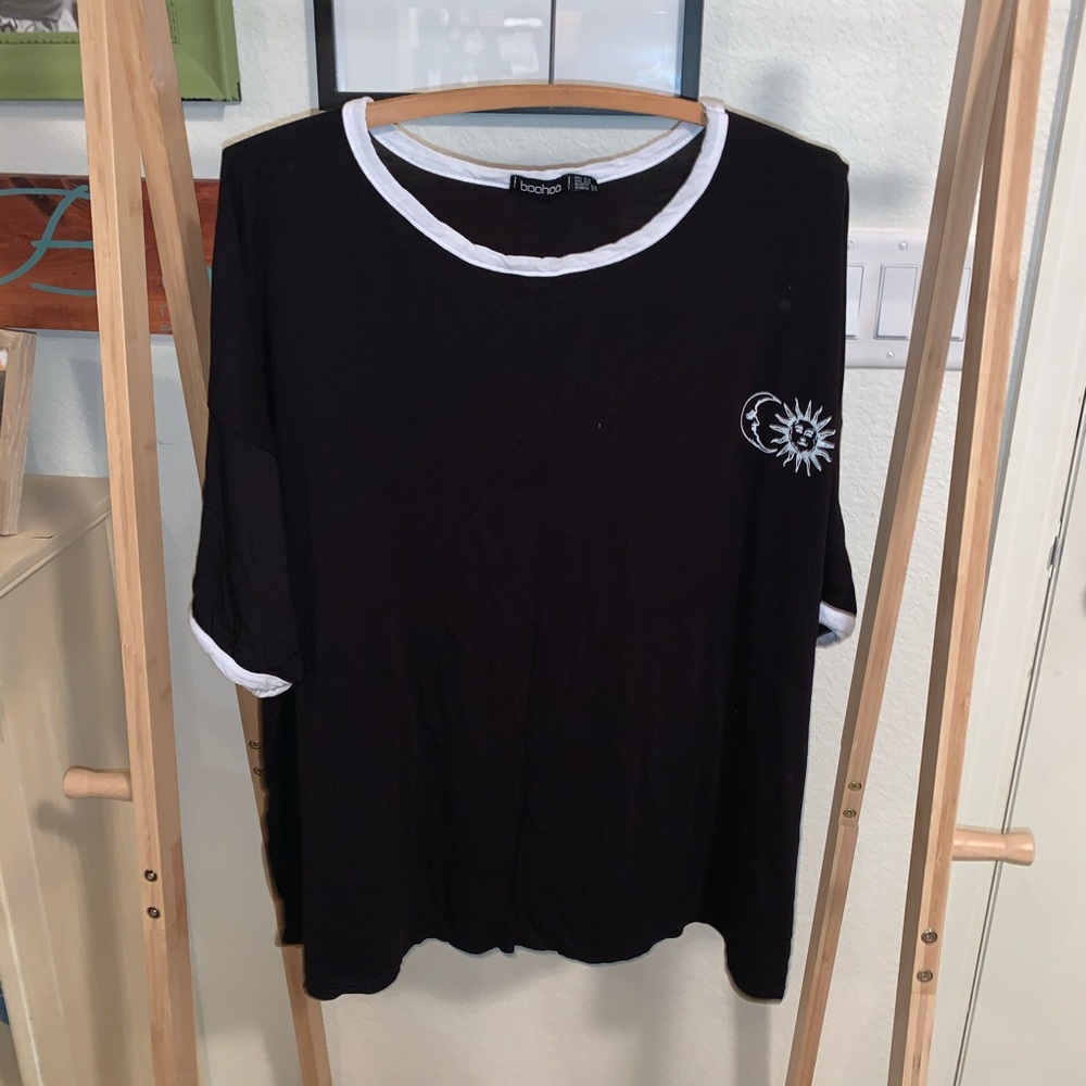 Women’s black & white ringer tee with sun & moon